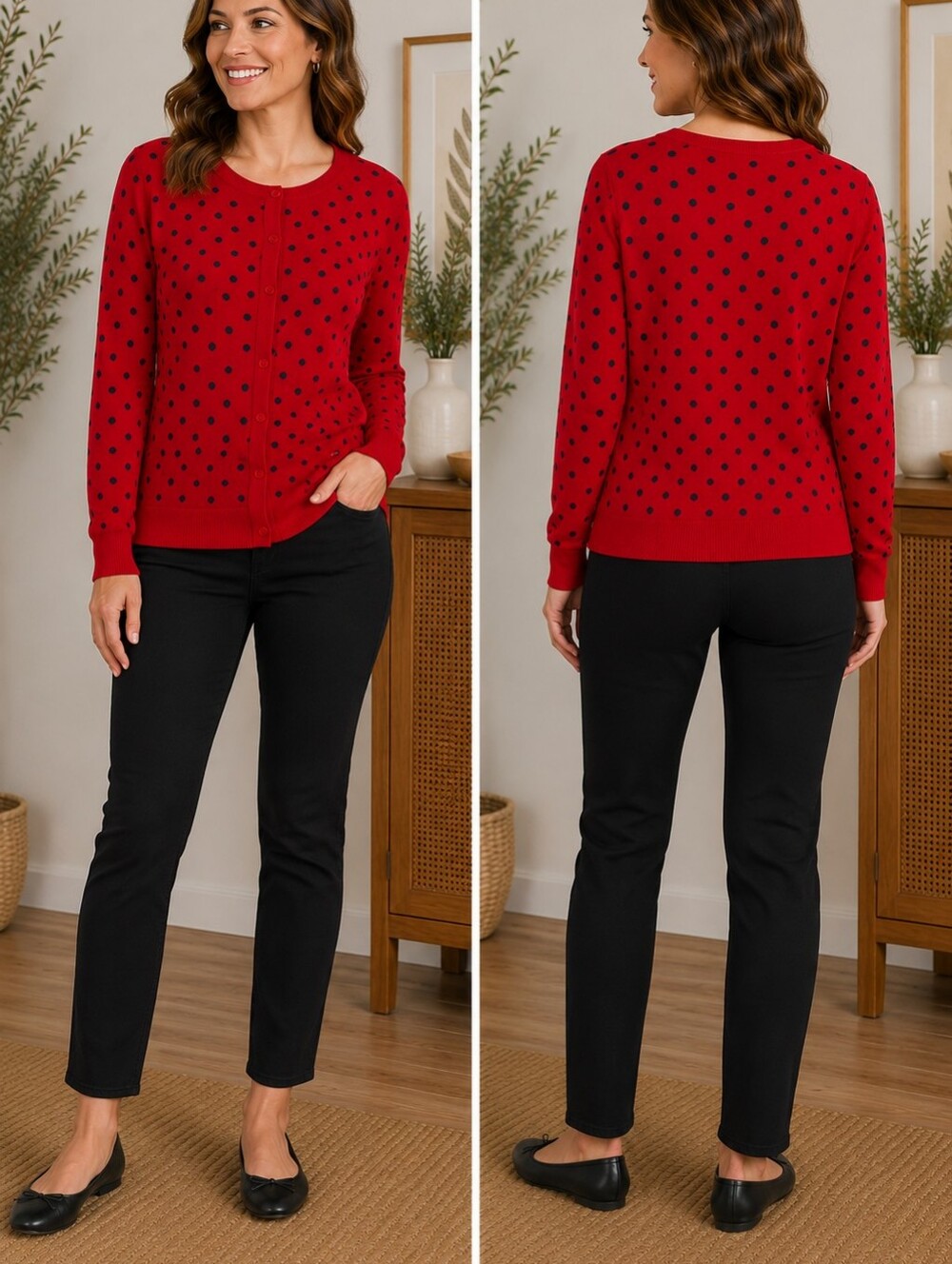 Ellen Tracy Red Navy Polka Dot Cardigan Sweater Large